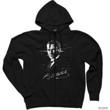 Atatürk Poster Siyah Fermuarlı Kapşonlu Sweatshirt
