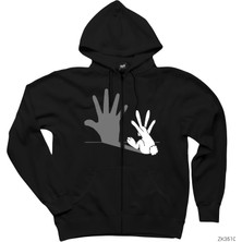 Tavşan El Şovu Siyah Fermuarlı Kapşonlu Sweatshirt