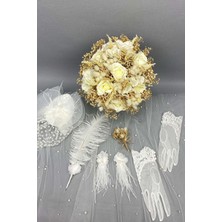 Hayalperest Boncuk Yapay Çiçekli Gelin Çiçeği Nikah Şapkası ve Gelin Eldiveni Seti