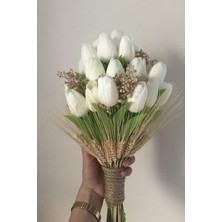 Hayalperest Boncuk Krem Islak Lale ve Kuru Çiçekli Gelin Buketi Yaka Çiçeği