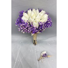 Hayalperest Boncuk Mor Kurutulmuş Çiçekli Beyaz Islak Laleli Gelin Buketi ve Damat Yaka Çiçeği