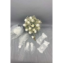Hayalperest Boncuk Cipsolu Islak Laleli Gelin Çiçeği Nikah Şapkası ve Gelin Eldiveni Seti
