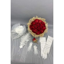 Hayalperest Boncuk Kadife Güllü Gelin Buketi Nikah Şapkası ve Gelin Eldiveni Seti
