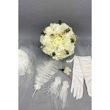 Hayalperest Boncuk Okaliptuslu Gelin Buketi Nikah Şapkası ve Gelin Eldiveni Seti