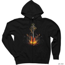 Alevli Elektro Gitar Siyah Fermuarlı Kapşonlu Sweatshirt