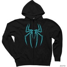 Spiderman Blue Logo  Siyah Fermuarlı Kapşonlu Sweatshirt