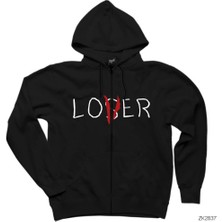 Kazanan ve Kaybeden Siyah Fermuarlı Kapşonlu Sweatshirt