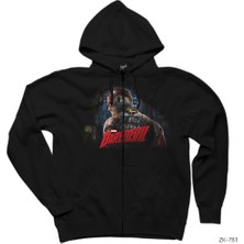 Dare Devil Grunge Siyah Fermuarlı Kapşonlu Sweatshirt