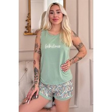 Mint Fabulous Desenli Sıfır Kol Şortlu Örme Kadın Pijama Takımı