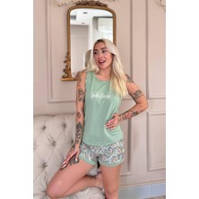 Mint Fabulous Desenli Sıfır Kol Şortlu Örme Kadın Pijama Takımı