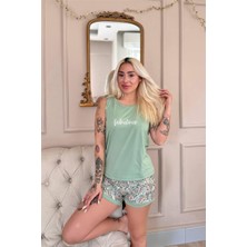 Mint Fabulous Desenli Sıfır Kol Şortlu Örme Kadın Pijama Takımı