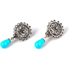 Nusret Takı 925 Ayar Gümüş Güneş Şekilli Telkâri Yuvarlak, Damla Firuzeli Küpe