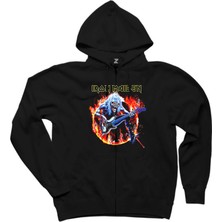 Iron Maiden Fire Siyah Fermuarlı Kapşonlu Sweatshirt