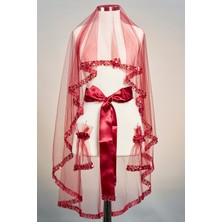 Şerit Boncuklu Gelin Duvağı Seti (Kına Örtüsü + Gelin Kuşağı + Kına Eldiveni) Bordo