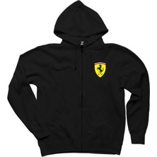 Ferrari Logo Siyah Fermuarlı Kapşonlu Sweatshirt