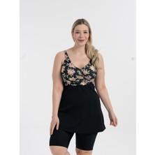 Aquaviva Kadın Siyah Leylak Desen Büyük Beden Kruvaze Taytlı Toparlayıcı Elbise Mayo