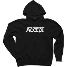 Accept Classic Logo Siyah Fermuarlı Kapşonlu Sweatshirt