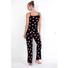 %100 Pamuk Heart Desen Kadın Ip Askı Yaka ve Paça Dantelli Kalp Baskılı Pijama Takımı
