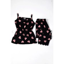 %100 Pamuk Heart Desen Kadın Ip Askı Yaka ve Paça Dantelli Kalp Baskılı Pijama Takımı
