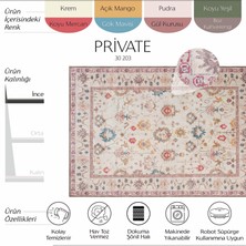 Cool Halı Private Krem Halı Etnik Desen Çiçekli Şönil Halı Yıkanabilir Eskitme Vintage Salon Halısı