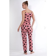 %100 Pamuk Heart Desen Kadın Ip Askı Yaka ve Paça Dantelli Kalp Baskılı Pijama Takımı