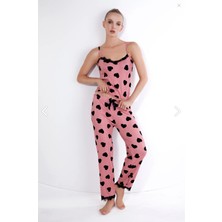 %100 Pamuk Heart Desen Kadın Ip Askı Yaka ve Paça Dantelli Kalp Baskılı Pijama Takımı