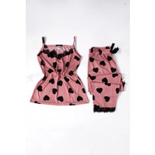 %100 Pamuk Heart Desen Kadın Ip Askı Yaka ve Paça Dantelli Kalp Baskılı Pijama Takımı