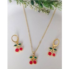 2li Takı Seti Küpe Kolye Kiraz Modeli