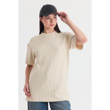 Rays Bej Çizgili Oversize Tişört 4447A
