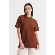 Rays Taba Çizgili Oversize Tişört 4447A