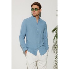 Erkek Slim Fit Dar Kesim %100 Pamuk Keten Doku Düğmeli Yaka Mavi Gömlek