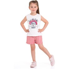 Zepkids Sıfır Kol Gökkuşağı Baskılı Çizgili Ekru Kırmızı Renk Kız Çocuk Şortlu Takım