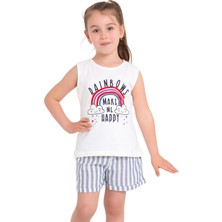 Zepkids Sıfır Kol Gökkuşağı Baskılı Çizgili Ekru Saks Renk Kız Çocuk Şortlu Takım