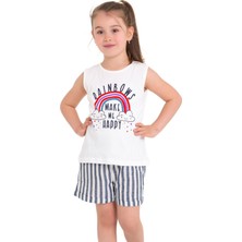 Zepkids Sıfır Kol Gökkuşağı Baskılı Çizgili Ekru Lacivert Renk Kız Çocuk Şortlu Takım