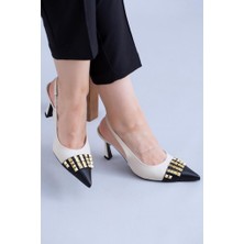 Krıste Bell 017 Bej Siyah Ithal Ön Zımbalı Trok Detaylı Arkası Açık Sivri Burun Kadın Topuklu Ayakkabı