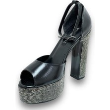 Krıste Bell 2262 Metalik Siyah Taşlı Kalın Platformlu Topuklu Kadın Abiye Ayakkabı