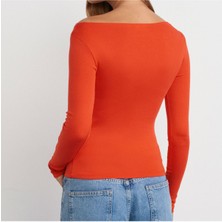 Drappe Kayık Yaka Uzun Kollu Basic T-Shirt