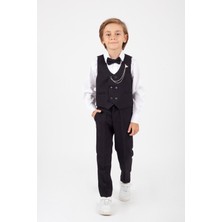Magu Siyah Papyonlu Yelekli Çocuk Takım Elbise 9 - 10 Yaş Erkek Çocuk Şık Tasarım Özel Günler