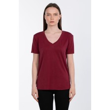 Modal V Yaka Yanı Yırtmaçlı T-Shirt - Bordo
