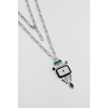 Malahit Tılsımı 18 Ayar Beyaz Altın Kaplama 50 cm Gümüş Tasarım Kolye