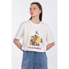 Fil Desenli Bisiklet Yaka T-Shirt - Ekru