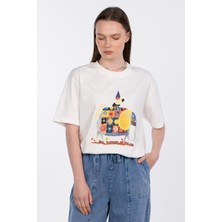 Fil Desenli Bisiklet Yaka T-Shirt - Ekru