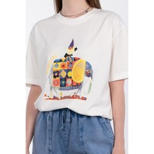 Fil Desenli Bisiklet Yaka T-Shirt - Ekru
