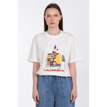 Fil Desenli Bisiklet Yaka T-Shirt - Ekru