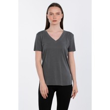 Modal V Yaka Yanı Yırtmaçlı T-Shirt - Antrasit