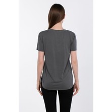 Modal V Yaka Yanı Yırtmaçlı T-Shirt - Antrasit