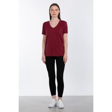 Modal V Yaka Yanı Yırtmaçlı T-Shirt - Bordo