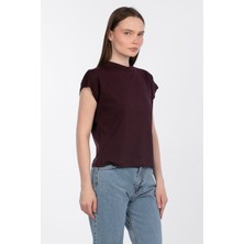 Düşük Kol Basic T-Shirt - Mürdüm