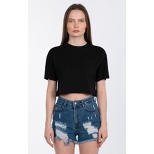 Bisiklet Yaka Cepli Crop T-Shirt - Siyah