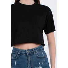 Bisiklet Yaka Cepli Crop T-Shirt - Siyah